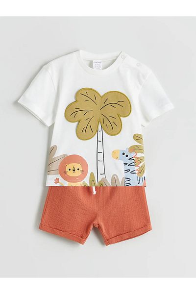 LC Waikiki Lcw Baby Ecru Printed Baby Boy T-Shirt and Shorts 2-Pack