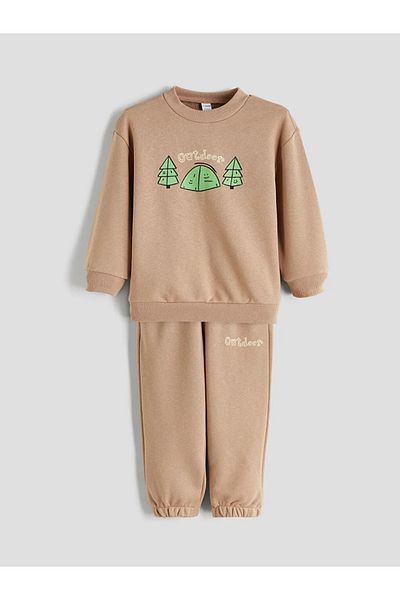 LC Waikiki Lcw eco beige Printed boy's sweatshirt and tracksuit bottom 2-piece set