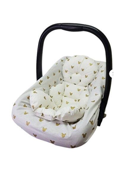 Babycitytr Bej Örgü Gold Mickey Desenli Çift Yönlü Puset Örtüsü & Minderi %100 Pamuk, OEKO-TEX Sertifikalı
