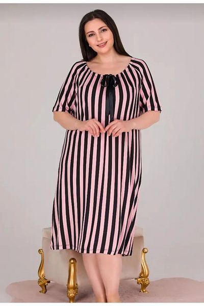 RAHAF TİCARET Battal Large Size Striped Collar Ribbon Shoulders Elastic Tunic Nightdress