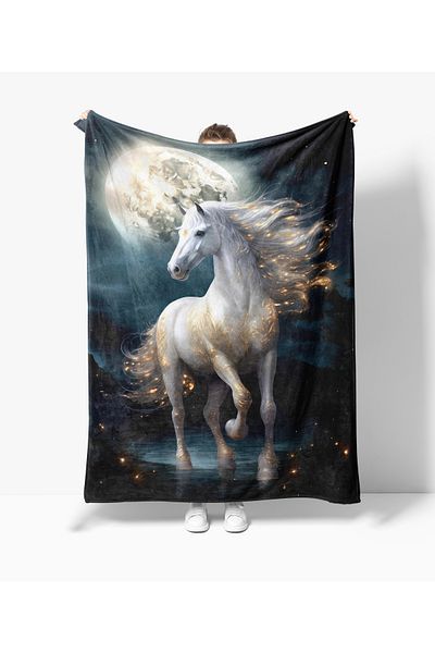 Erays Home White Horse Patterned Printed Fleece Blanket Single Blanket