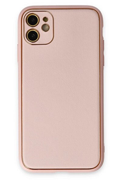CepteToptan Myt09 iPhone 12 Case Coco Leather Silicone Cover - Powder