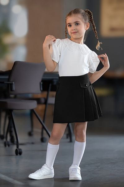 DMB BOYS & GIRLS Çaren Kids- Fete Fusta scurtă din plasă de oțel cu detaliu de pile și nasturi pentru școală și activități zilnice speciale