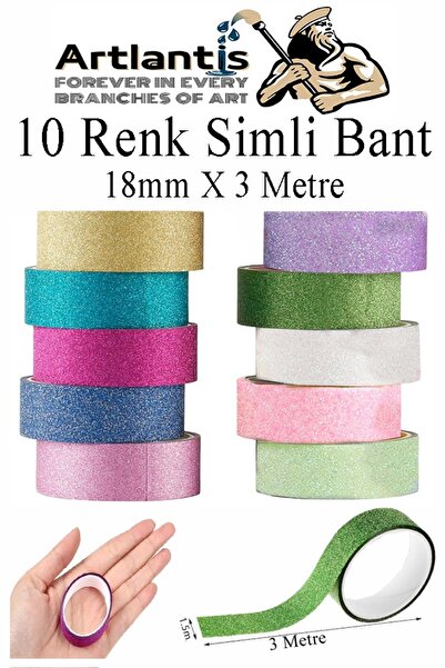 Artlantis Renkli Simli Bant 10 Adet 1 Paket 10 lu Simli Holgramlı Metalik Hobi Işıltılı Bantı Hediye Dekoratif