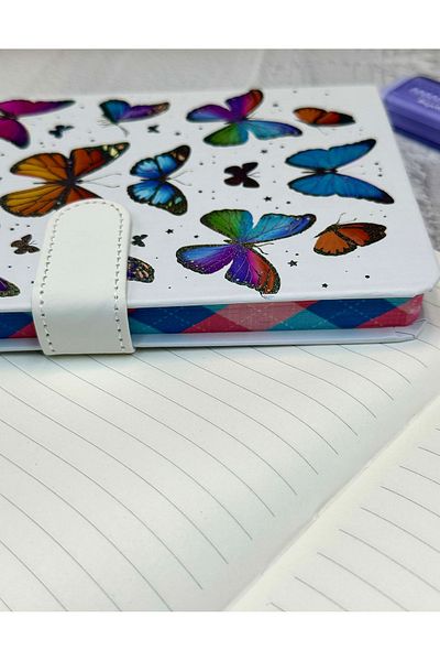 ZeCo Collection Butterfly Patterned Striped Hard Cover Magnet Notebook White
