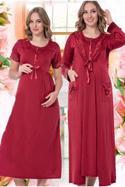 RAHAF TİCARET Bordo Renk Lohusa Ve Hamile 2 Parçalı Gecelik