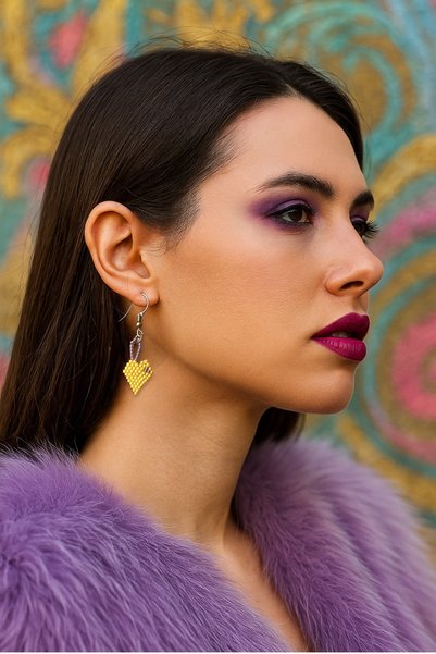 puffydik Yellow Heart Purple Detailed Patterned Bead Earrings – Handmade