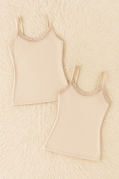 QKK Women's Modal Cotton Lycra Lace Detailed Rope Strap 2-Piece Undershirt Q6K6K0T4Ka
