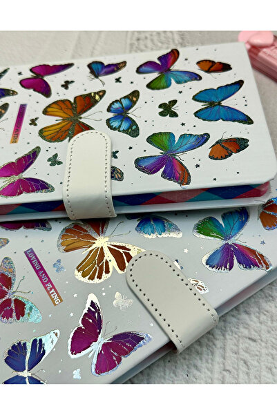 ZeCo Collection Butterfly Patterned Striped Hard Cover Magnet Notebook White