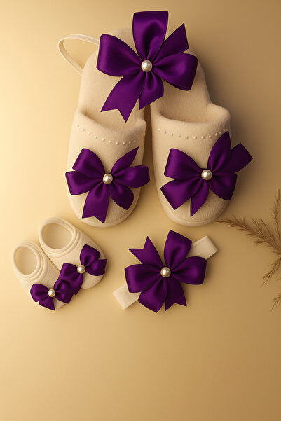 Massaltay Bow Mother Maternity Slippers, Crown, Baby Booties and Bandana Set of 4 – Stylish and Comfortable Hospital Exit