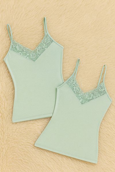 QKK Women's Modal Cotton Lycra Lace Detailed Rope Strap 2-Piece Undershirt Q6K6K0T5Ka