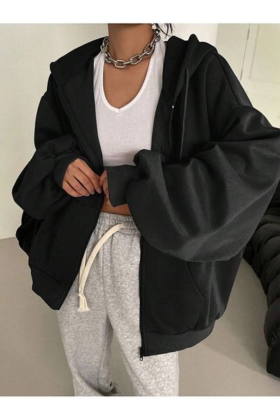 segrock Women's Black Hooded Detail Zippered Balloon Sleeve Cardigan