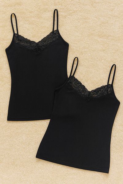 QKK Women's Modal Cotton Lycra Lace Detailed Rope Strap 2-Piece Undershirt Q6K6K0T5Ka