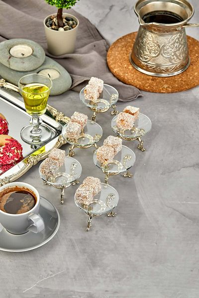 Milenay Anulis Series Turkish Delight Holder, Sugar Bowl, Ring Holder, Premium Metal Glass, Silver, 6 Pieces