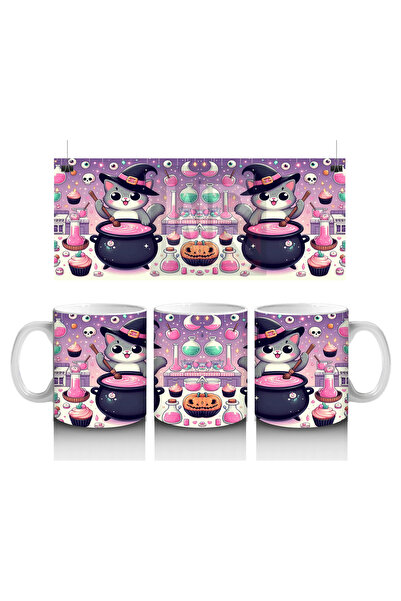 Luluyen كوب مطبوع عليه شخصية ساحرة لطيفة لعيد الهالوين على خلفية وردية