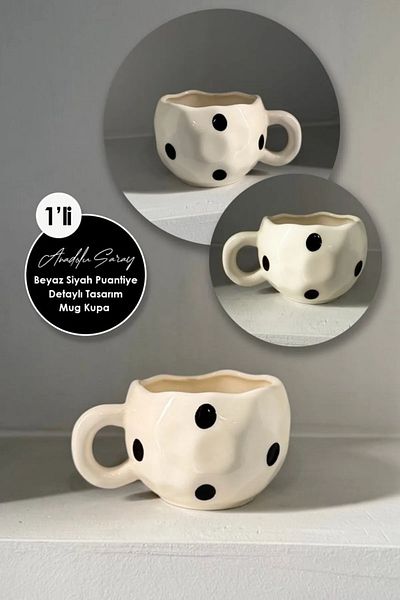 Anadolu Saray Handmade Ceramic Black Polka Dot Printed Large Size Design Mug Mug Cup |   Mug Cup Coffee Cup