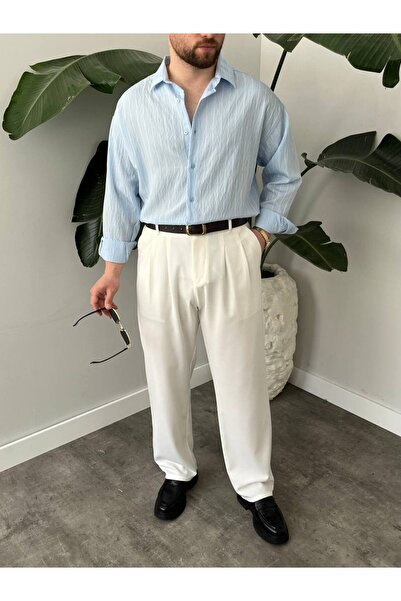 Brood Erkek Oversize Çizgi Desenli Modal Kumaş Pamuklu Salaş Uzun Kol Düğmeli Polo Yaka Gömlek