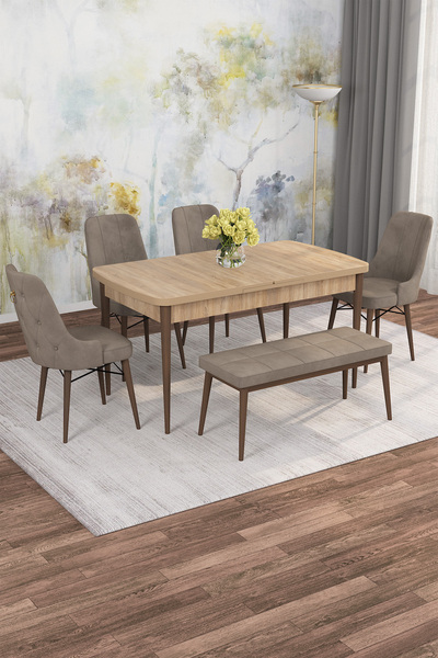 SHOOVVEL Mona Meşe 80x132 Açılabilir Mdf Masa Yemek Odası Takımı, Mutfak Takımı 4 Sandalye, 1 Bench