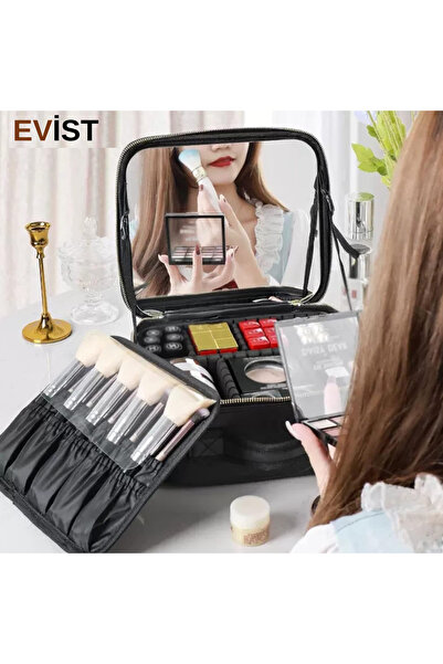 EVİST - منظم محمول لحقيبة المكياج، مع مرآة، وحجرة لفرشاة، وقابل للتعديل يوميًا