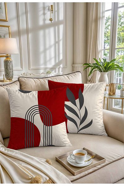 Hayal Dekoratif Bohemian Boho Themed Red Gray Cream Color Digital Printed Gift Set of 4 Throw Pillow Pillowcases