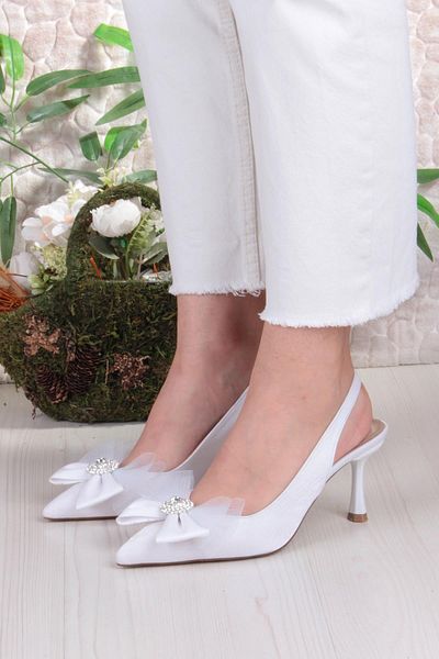fort 129-1070 Fls Satin Stone Bow Detailed Open Back Closed Front Heeled Women's Shoes