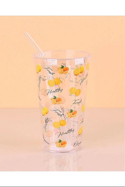 PRATİKOBA Patterned Plastic Glass with Straw 16 Cm 1 Piece Royaleks-ENF-040