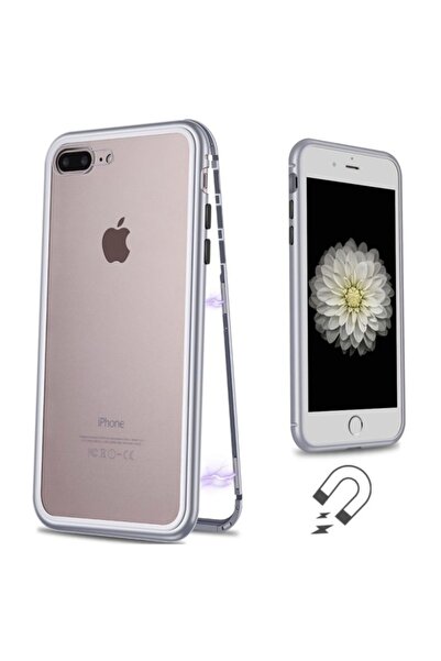 Bibilel Magnetic Case, High Quality for iPhone 7/8, Metallic Frame and Tempered Glass Back, Silver - Transpa