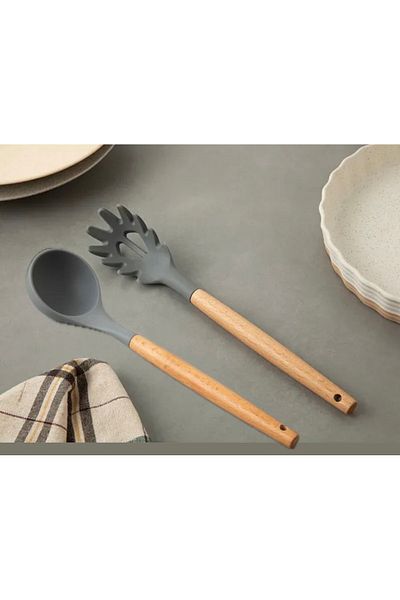 Generic Silicone Spaghetti and Pasta Spoon with Wooden Handle and Silicone Ladle