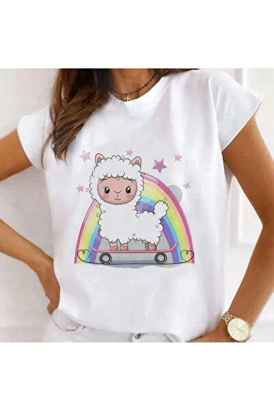 OEM Tricou alb pentru femei „Oaia curcubeu” - M(38)