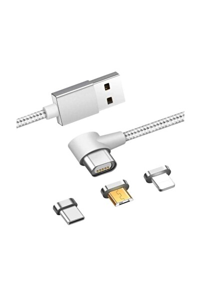 Bibilel Cablu de date/încărcare magnetic 3-în-1 Micro USB, Tip-C, compatibil cu Apple, 1 m, argintiu