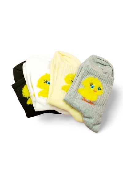 PRATİKOBA Plush Chick Embroidered Women's Socket Socks 4 Pairs