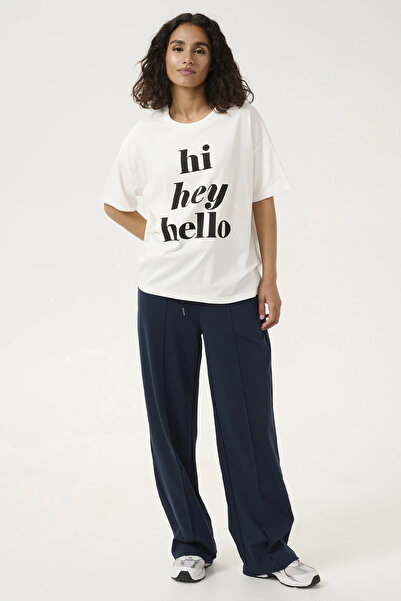 Kadın Beyaz Oversize Tişört – %100 Pamuk – Hello Hi Yazı Baskılı Rahat Kalıp