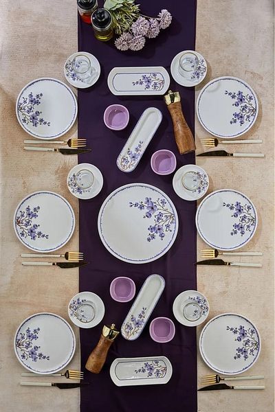Erbaşlar 21 Piece Sakura Flower Lilac Luxury Ceramic Breakfast Set for 6 People, Breakfast Set