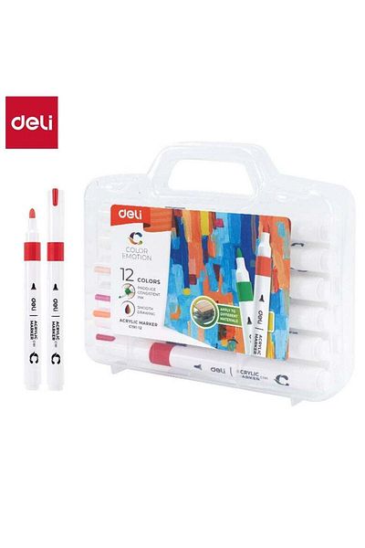 Deli EC191-12 Acrylic Marker Set – 12 Vibrant Colors, Single-Tip, Waterproof & Quick-Drying, Ideal