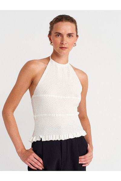 Dilvin 10796 Halter Tie Collar Ruffle Textured Knitwear Blouse-Ecru