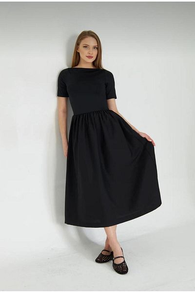 MEGOMEL Women's Maxi Length Skirt Part Woven Poplin Flared Top Part Flexible Viscose Elastane Stylish Black Dress