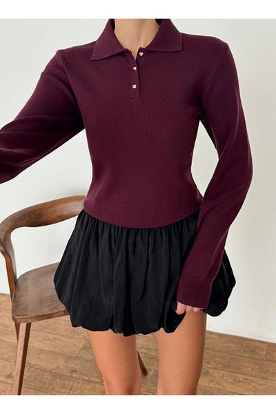 fujya Polo Neck Gold Button Classic Sweater Burgundy