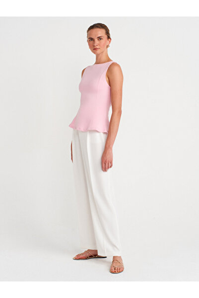 Dilvin 21001 Kayık Yaka Peplum Top-Toz Pembe