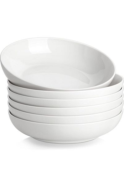 Malacasa Set 6 farfurii adanci din portelan, albe, 1200ml, pentru paste, salata, supa, moderne si rezistente