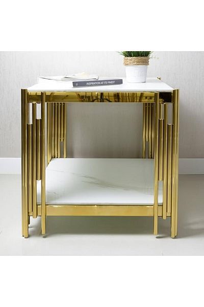 Vanity Living طاولة جانبية لأثاث غرفة المعيشة، طاولة جانبية ذات سطح زجاجي من الرخام الأبيض الصناعي، ناعمة