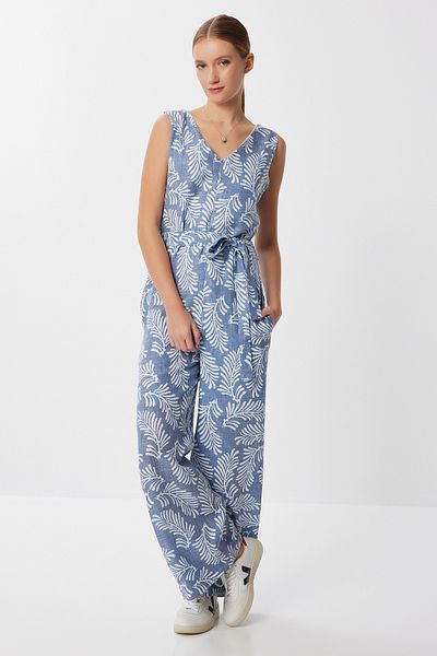 Lovelyİstanbul Patterned Belted Summer Knitted Jumpsuit Lff0038 Indigo Blue