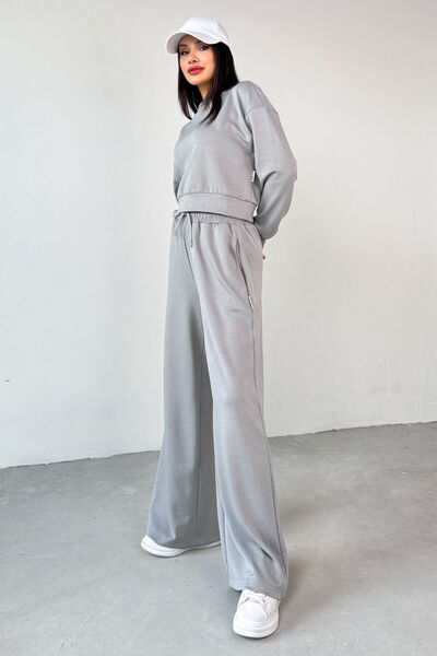 Cappmoda Tkm-1103 Painting Gray Modal Fabric Crop Loose Blouse Waist Elastic Palazzo Bottom Double Suit