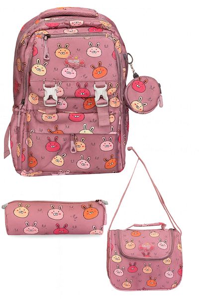 max point Girl's School Bag Set of 3 - Pink Rabbit Patterned Backpack, Lunch, Pen Holder Bag