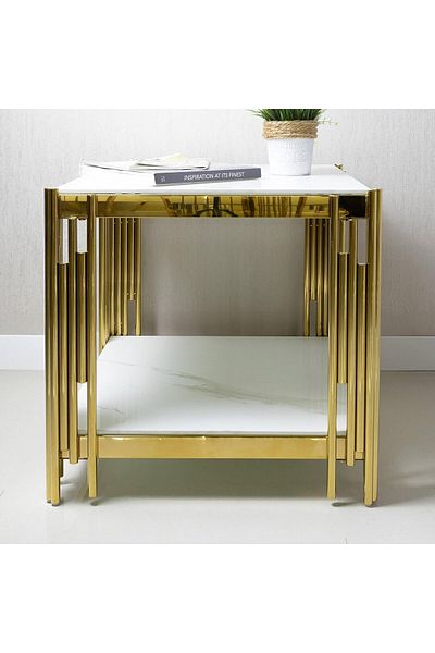 Vanity Living طاولة جانبية لأثاث غرفة المعيشة، طاولة جانبية ذات سطح زجاجي من الرخام الأبيض الصناعي، ناعمة