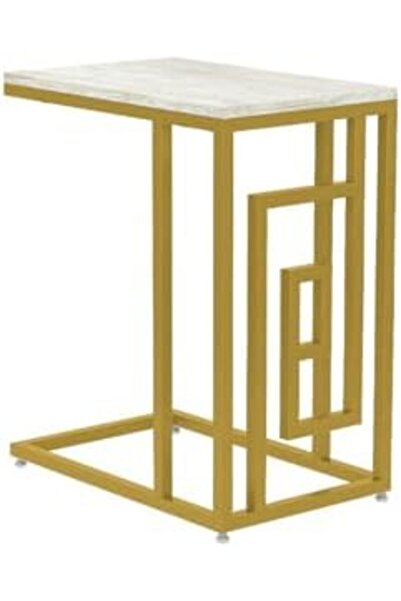 Vanity Living Brescia Sofa Side Table – Gold Metal Frame with Faux Concrete Wooden Top – Modern