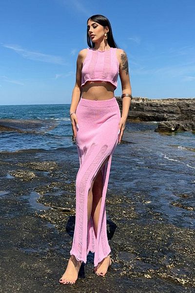VAGGON Vintage Sleeveless Crop Blouse and Midi Length Skirt Set with Elastic Waist