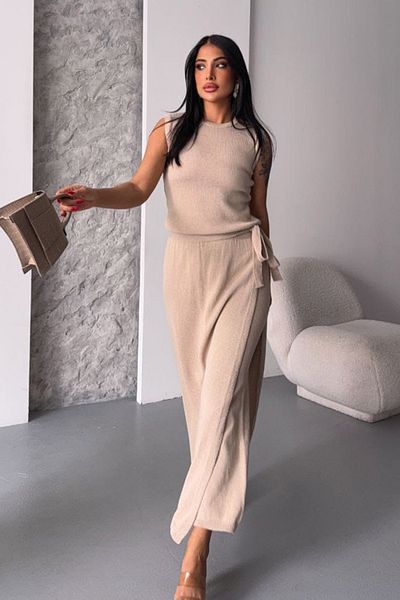 VAGGON Crew Neck Sleeveless Blouse and Skirt Look Pants Knitwear Set