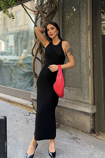 VAGGON Women's Black Floral Detailed Strap Maxi Length Knitwear Dress Vs00759