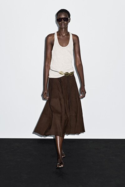 Massimo Dutti Süet deri A kesim midi etek