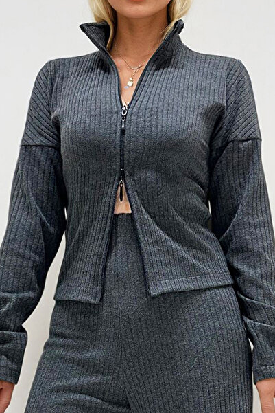 VAGGON Women's Anthracite Mock Neck Front Double-Way Zipper Blouse and Palazzo Pants Set Prmx13286